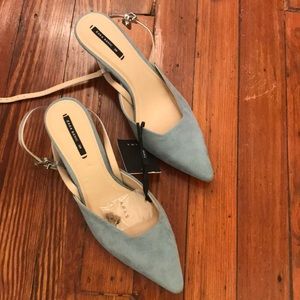 Light blue suede kitten heels